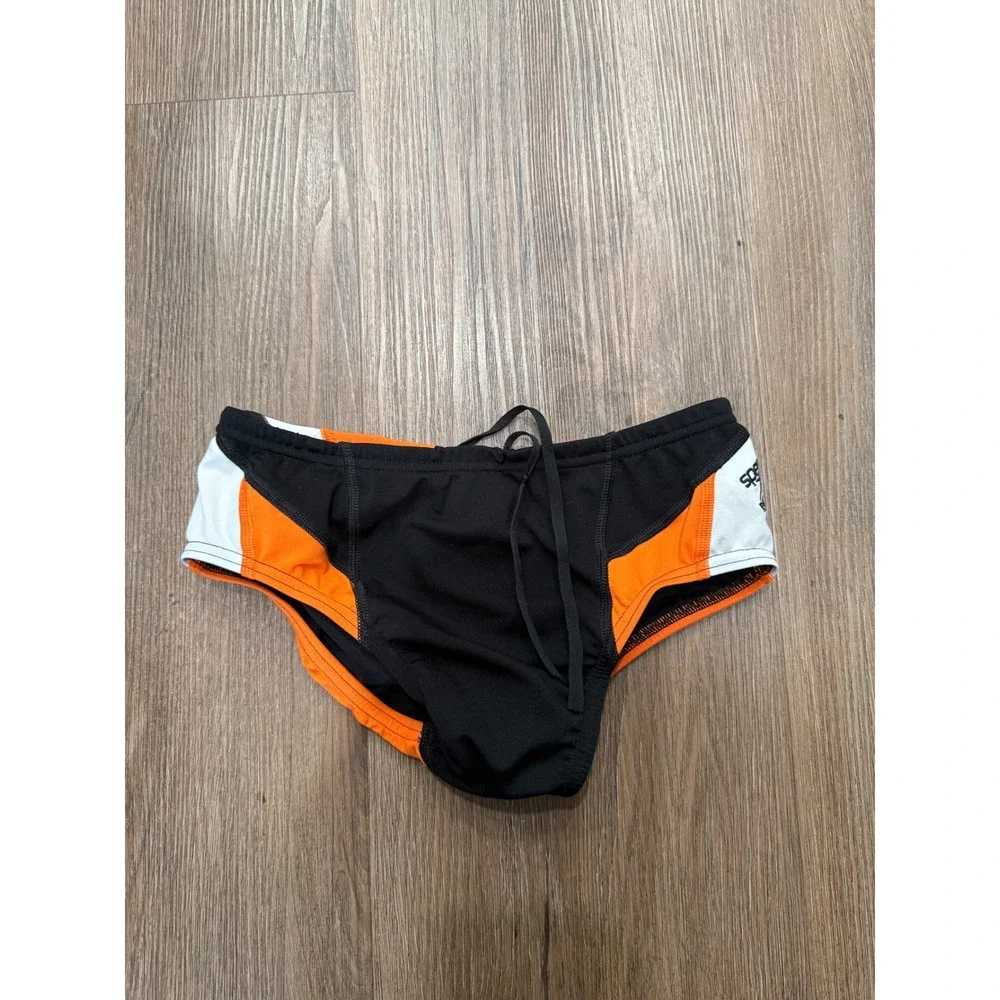 Speedo Endurance+‎ Mens Swim Briefs Size 28 Black Orange YMCA Barracudas Team